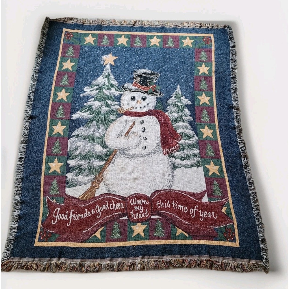 Vintage Home Interiors Throw Blanket Holiday Snowman Tapestry‎ 50x60 Made In USA